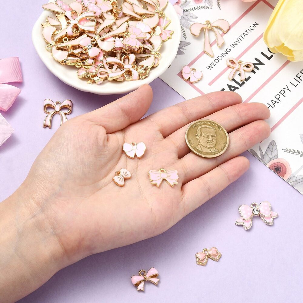 4325 60 pcs 10 Styles Enamel Bow Charms Pink Bowknot Charms Kawaii Bow Tie - Picture 4 of 7